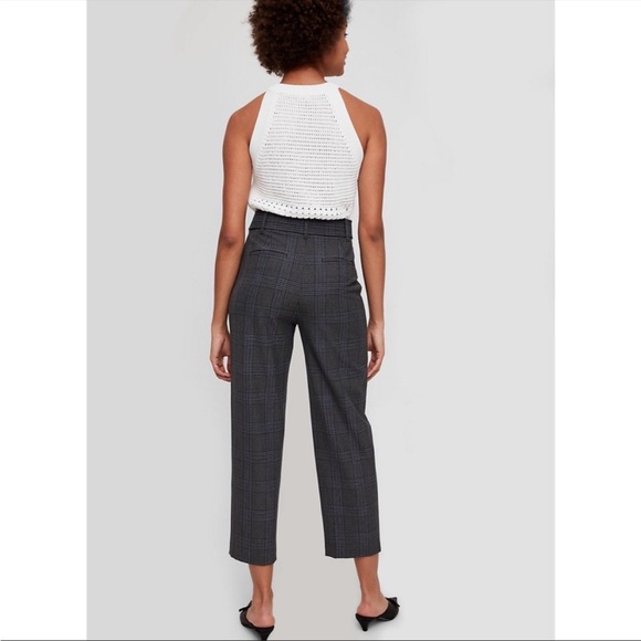 Aritzia Wilfred Navy Grey Tie Front Belt Plaid Trouser Pants - Picture 3 of 4